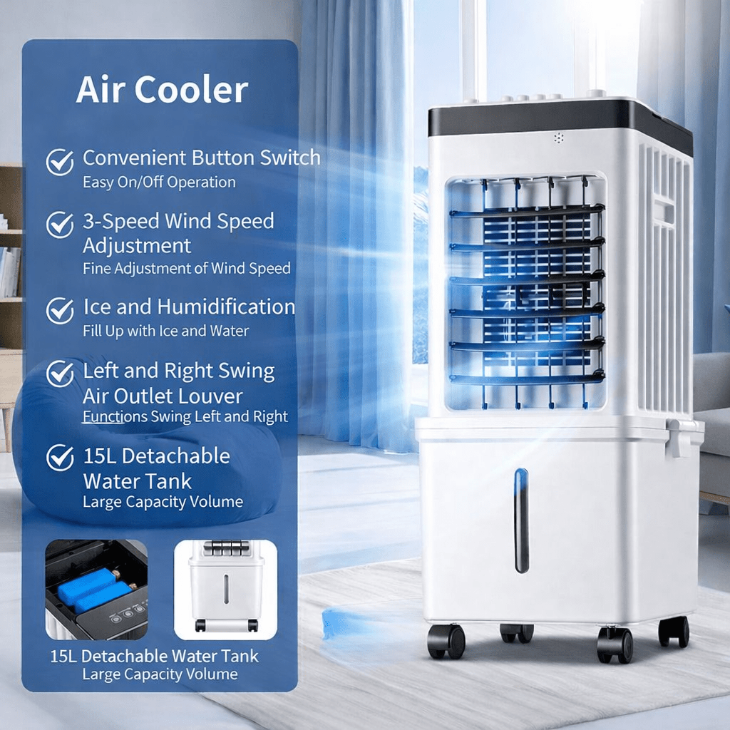 Rafraîchisseur d'air évaporatif mobile 15 L avec oscillation et réservoir à glace pour intérieur frais | Koossa