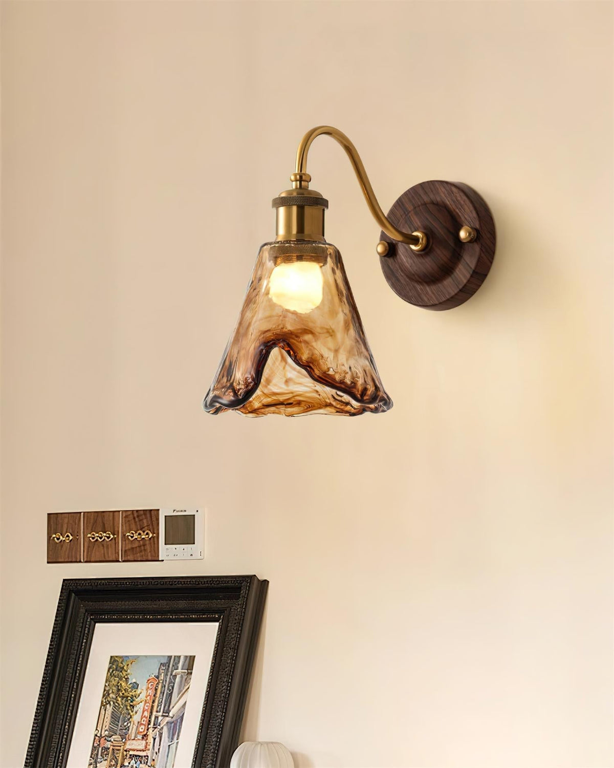 Vintage Wall Sconce with Amber Glass Shade and Brass Finish | Mid-Century Modern Wall Light Fixture for Bedroom Hallway Living Room | Lonoma