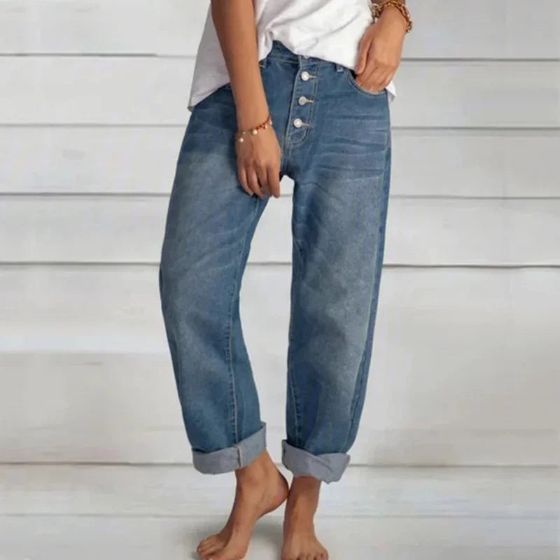 Women's Blue High-Waisted Straight-Leg Jeans — Comfortable Everyday Jeans with Elasticated Waistband | Koossa