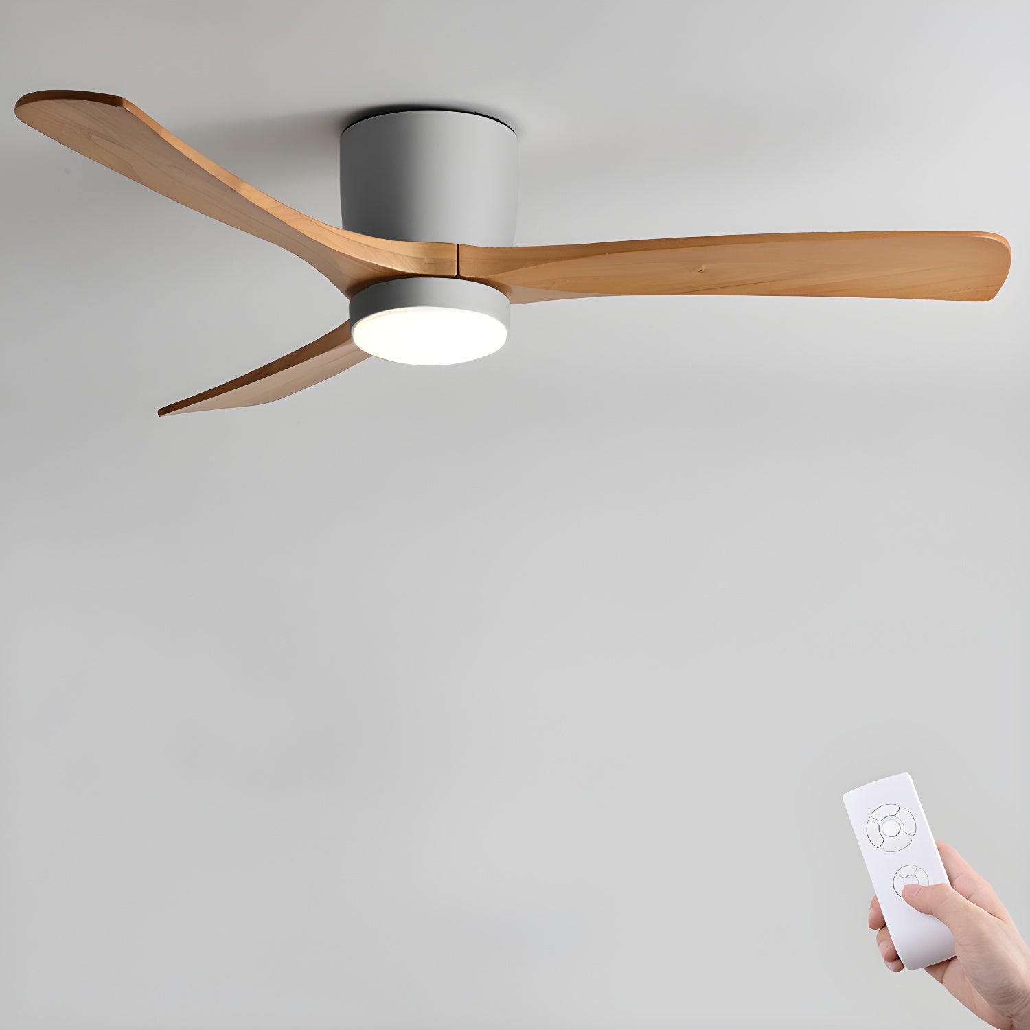 Ventilateur de plafond lumineux lames bois naturel design nordique silencieux économe chambre salon moderne | Koossa