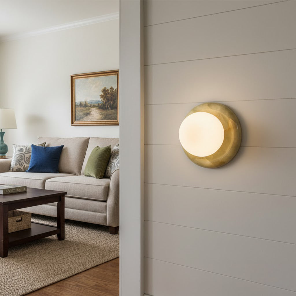 Round Natural Stone Wall Sconce with Glass Shade – Genuine Jade Accent Light 5.5 Inches for Bedroom Hallway Living Room | Lonoma