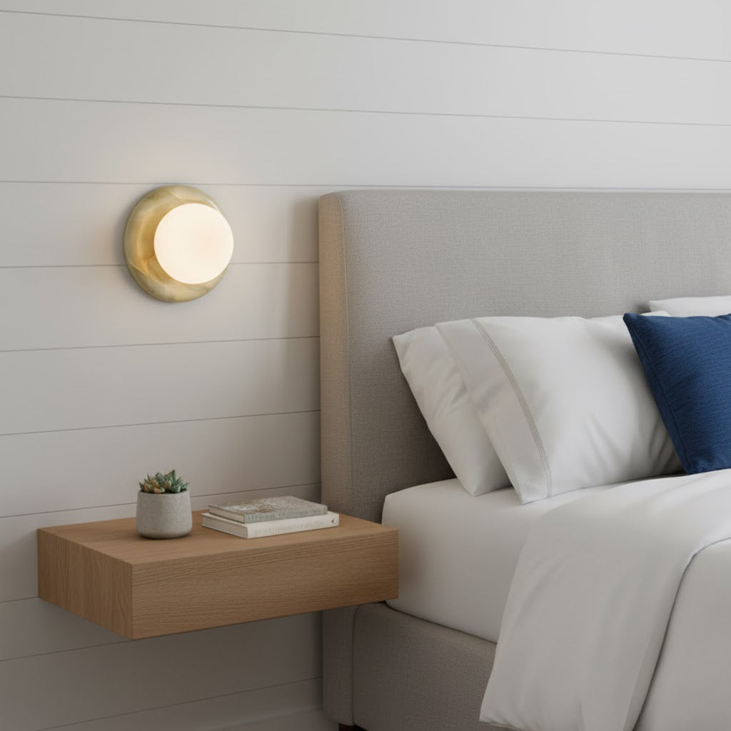 Round Natural Stone Wall Sconce with Glass Shade – Genuine Jade Accent Light 5.5 Inches for Bedroom Hallway Living Room | Lonoma