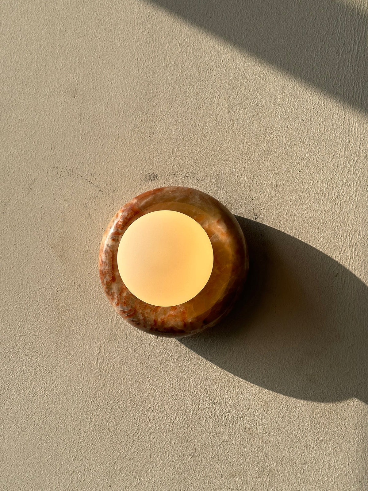 Round Natural Stone Wall Sconce with Glass Shade – Genuine Jade Accent Light 5.5 Inches for Bedroom Hallway Living Room | Lonoma