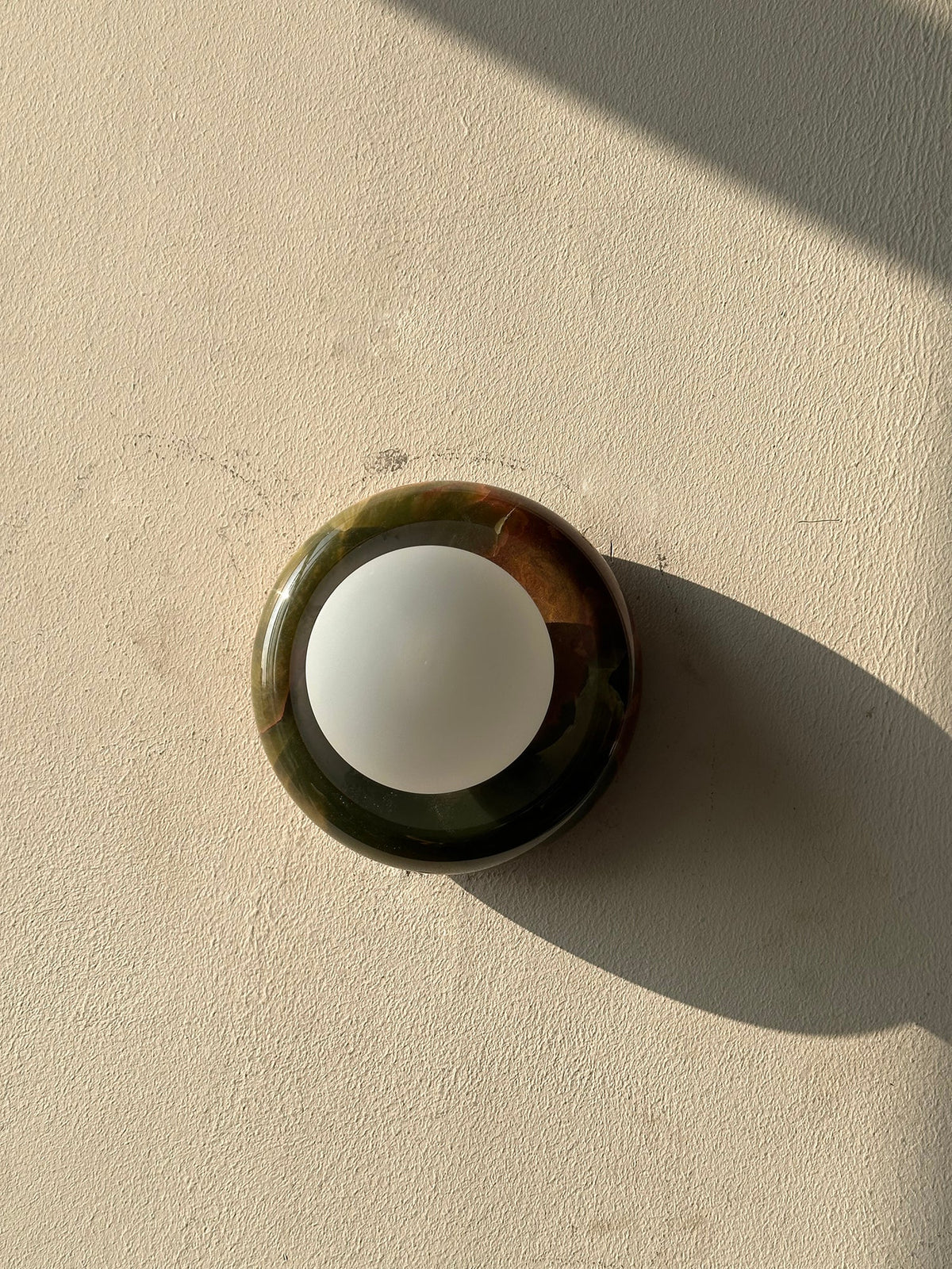 Round Natural Stone Wall Sconce with Glass Shade – Genuine Jade Accent Light 5.5 Inches for Bedroom Hallway Living Room | Lonoma