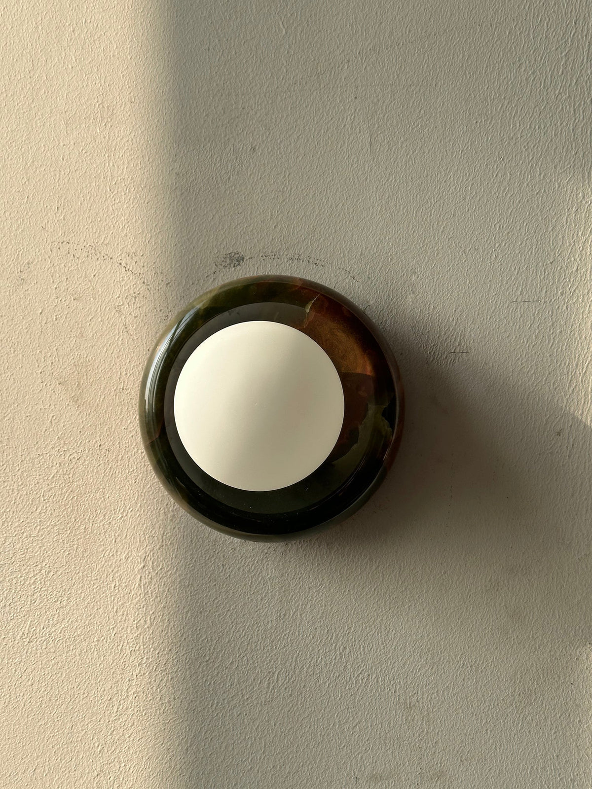 Round Natural Stone Wall Sconce with Glass Shade – Genuine Jade Accent Light 5.5 Inches for Bedroom Hallway Living Room | Lonoma