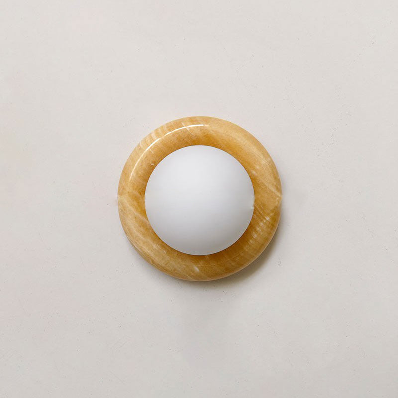 Round Natural Stone Wall Sconce with Glass Shade – Genuine Jade Accent Light 5.5 Inches for Bedroom Hallway Living Room | Lonoma