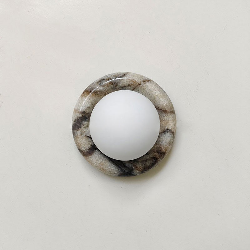 Round Natural Stone Wall Sconce with Glass Shade – Genuine Jade Accent Light 5.5 Inches for Bedroom Hallway Living Room | Lonoma