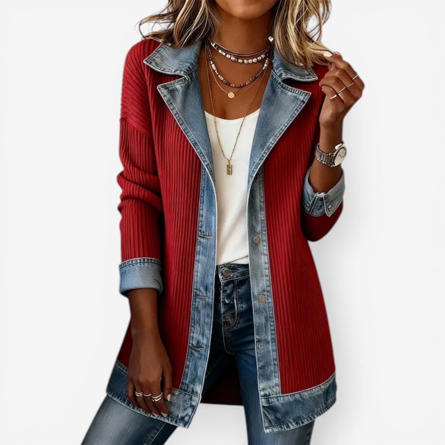 Women's Textured Layered Jacket in Mixed Knit and Denim-Style Fabric – Relaxed Fit Open Front Cardigan for Effortless Everyday Elegance and Modern Casual Styling | Koossa