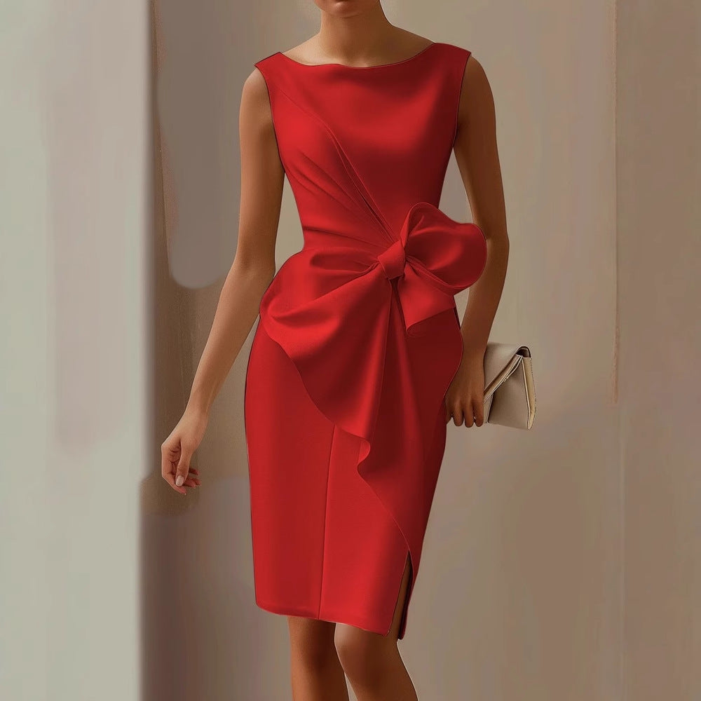 Women's Sleeveless Dress with Sculptural Bow Waist Detail in Pink, White, Blue, Red and Black – Elegant Formal Occasion Dress with Tailored Fit and Draped Silhouette | Koossa