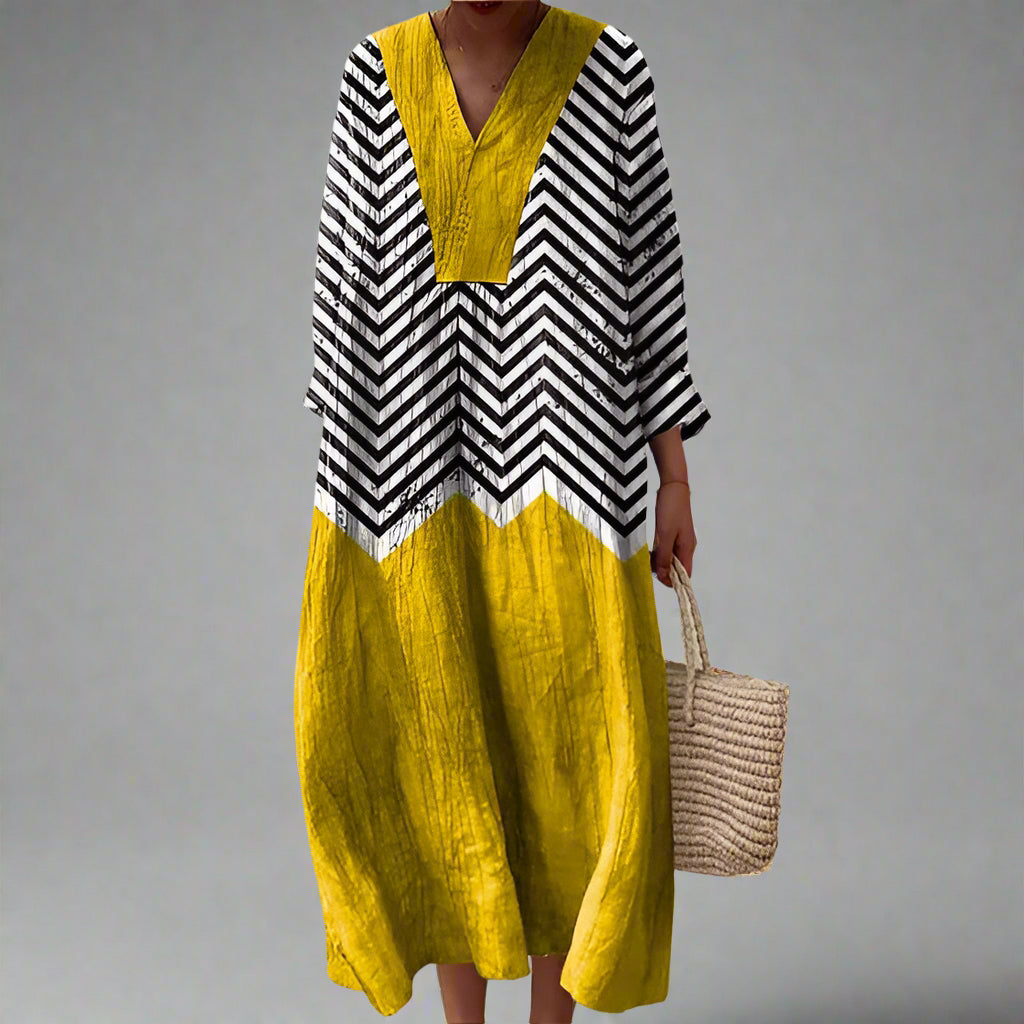 Women's Geometric Print Long Sleeve Midi Dress in Soft Woven Cotton | Summer Occasions | Koossa