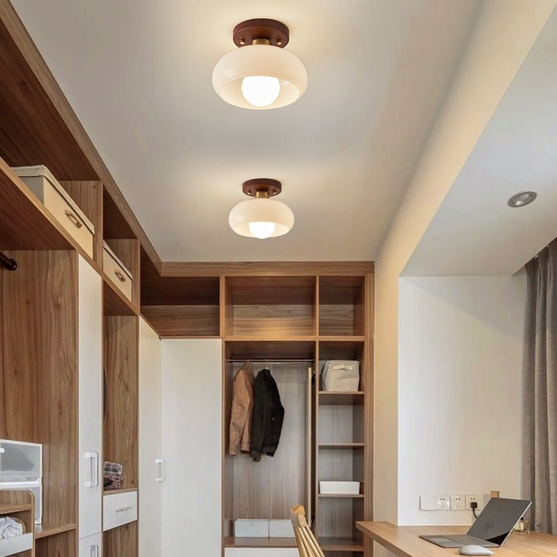 Bauhaus Ceiling Light, Round Opal Glass Flush Mount with Wood Accent, LED Compatible Fixture for Bedroom, Hallway, Kitchen & Living Room | Lonoma
