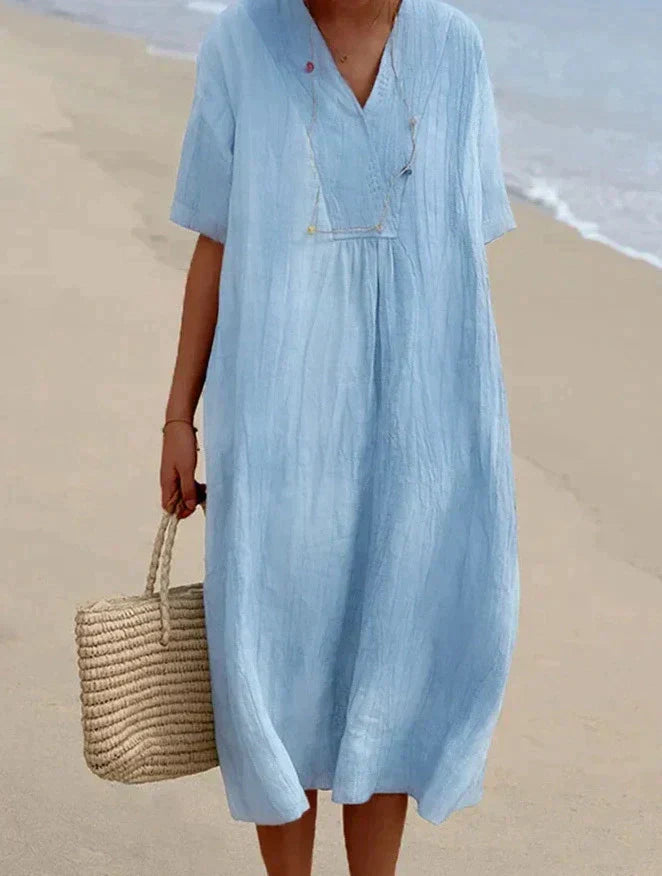 Women's V-Neck Summer Midi Dress with Pockets — Elegant A-Line Dress for Warm Weather & Outdoor Events | Koossa