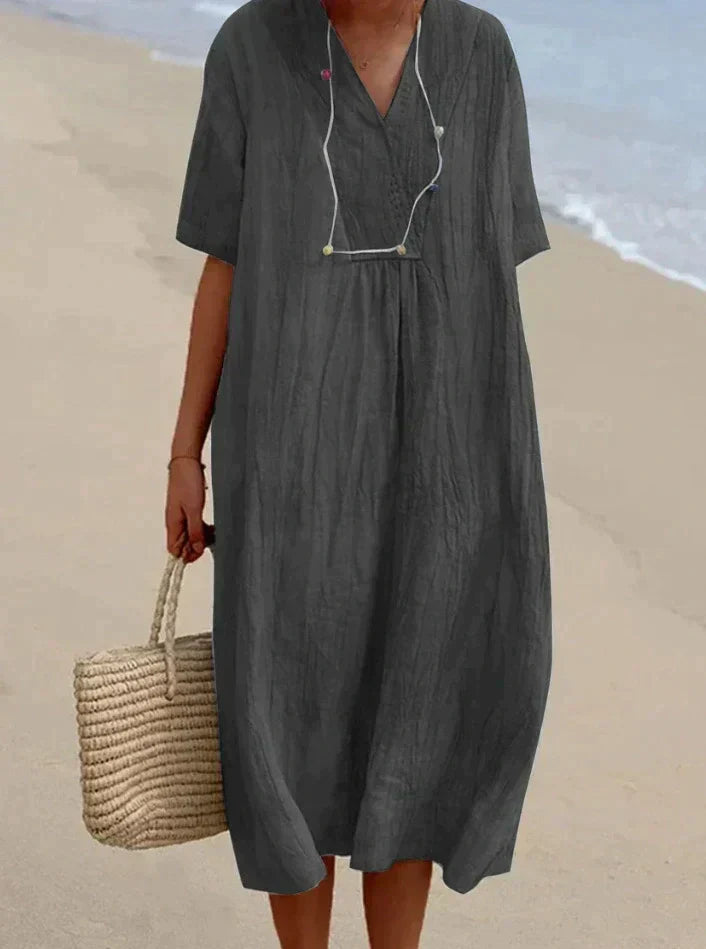 Women's V-Neck Summer Midi Dress with Pockets — Elegant A-Line Dress for Warm Weather & Outdoor Events | Koossa