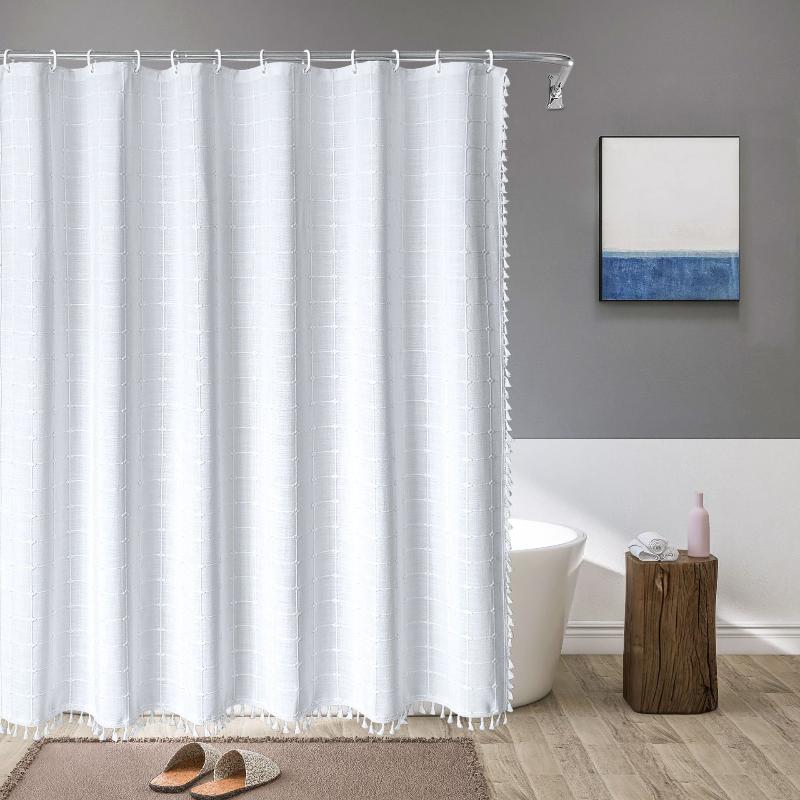 Rideau de Douche en Lin Tissé Imperméable avec Franges Bohème 180×200 cm Salle de Bains Beige à Carreaux | Koossa