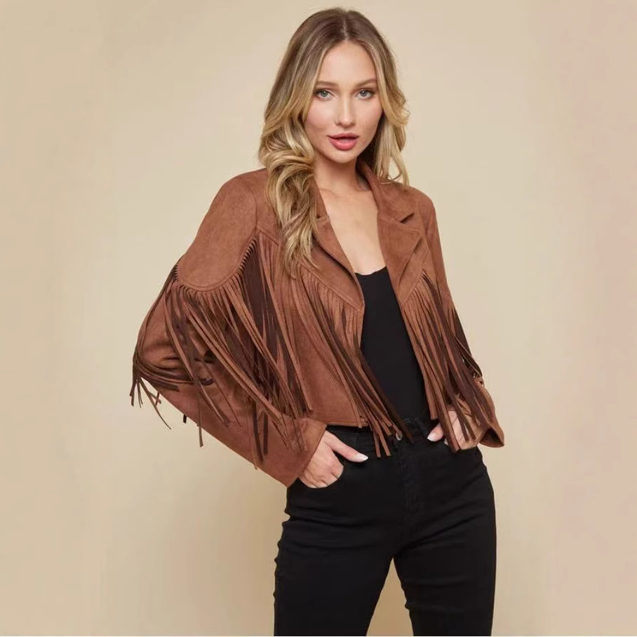 Fringed Suede-Effect Jacket Brown Cropped Western-Inspired Lapel Collar Statement Layering Piece Casual Weekend Outerwear | Koossa