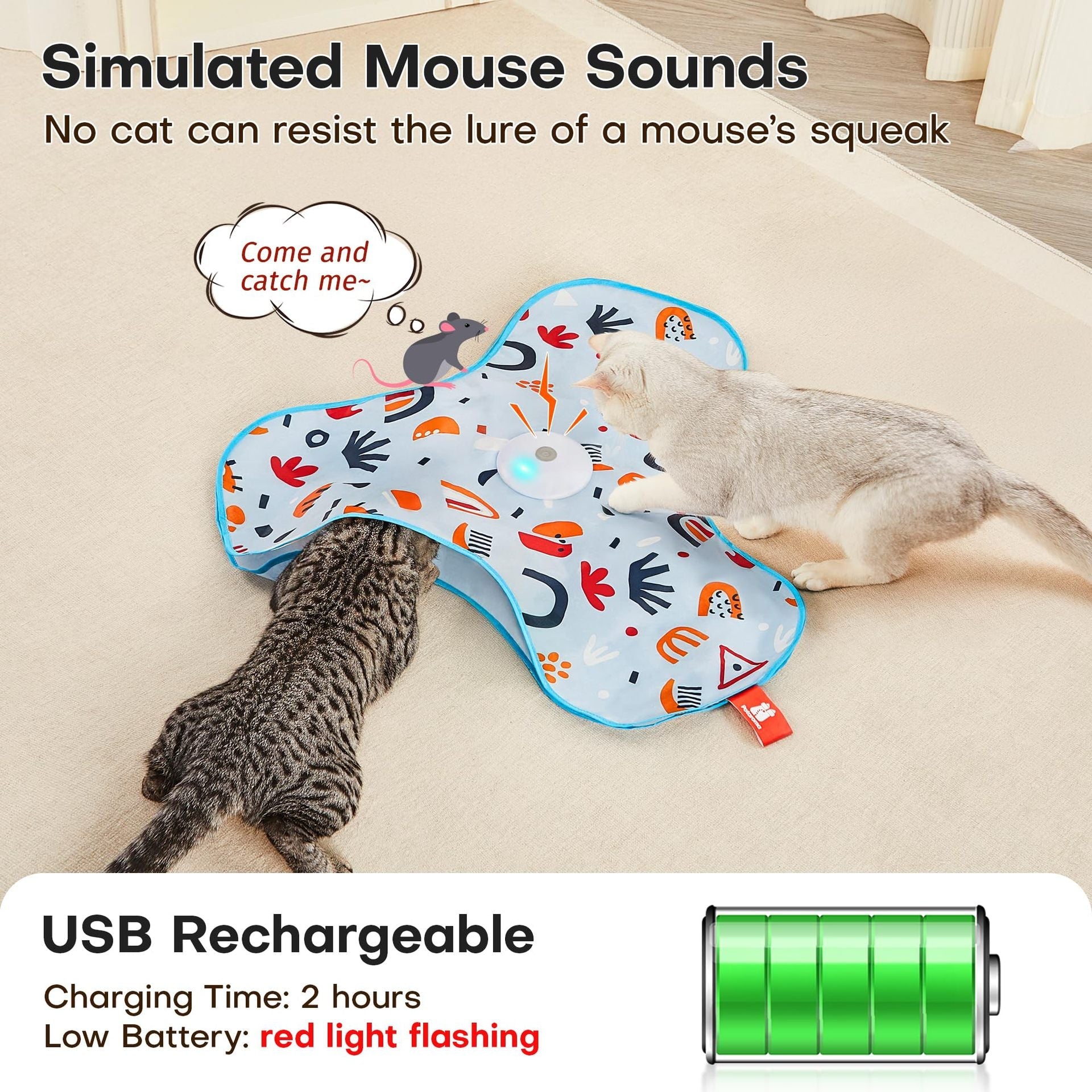 Cat Interactive Mat Toy USB Rechargeable 3 Modes Mouse Sound Feather Hide Seek 5min Standby Touch Activate Indoor | Koossa