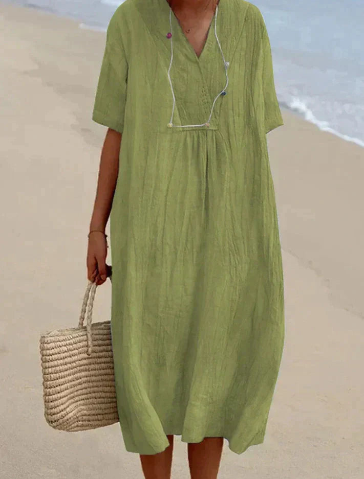 Women's V-Neck Summer Midi Dress with Pockets — Elegant A-Line Dress for Warm Weather & Outdoor Events | Koossa