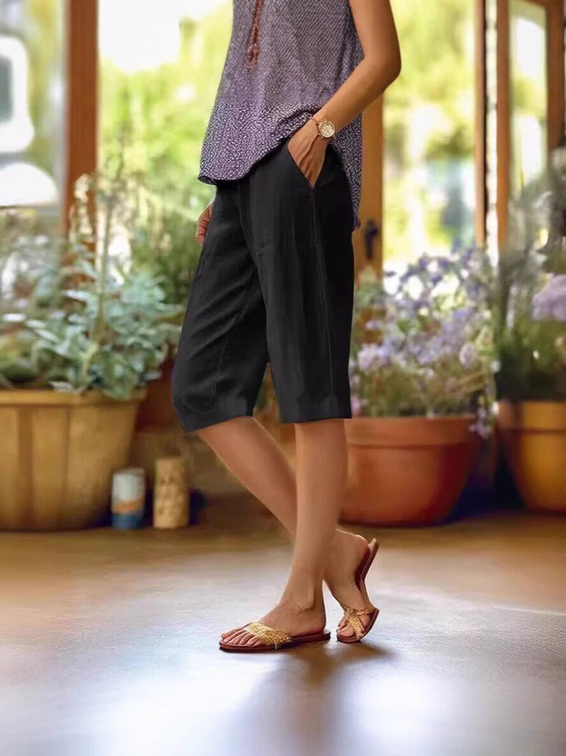 Women's Linen-Blend Drawstring Shorts in Five Versatile Colours – Relaxed Elastic Waist Summer Shorts with Pockets for Casual Days, Weekend Getaways, Garden Parties | Koossa