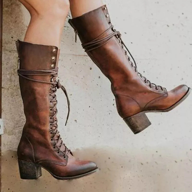 Women's Lace-Up Knee-High Leather Boots in Black, Grey, Brown, Reddish Brown & Khaki – Elegant Statement Footwear for Autumn & Winter | Koossa