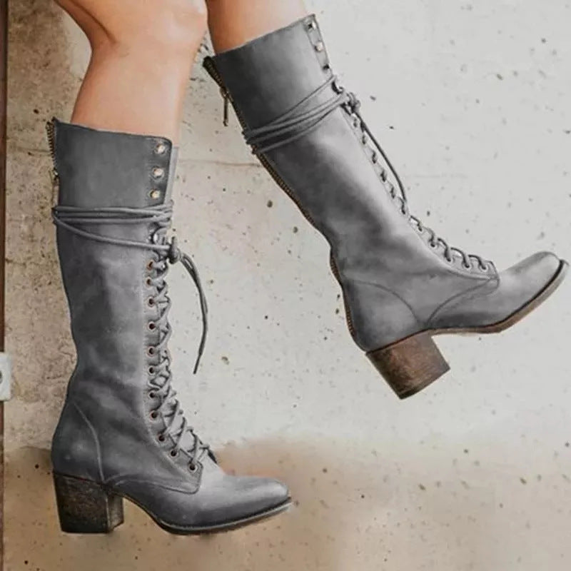 Women's Lace-Up Knee-High Leather Boots in Black, Grey, Brown, Reddish Brown & Khaki – Elegant Statement Footwear for Autumn & Winter | Koossa