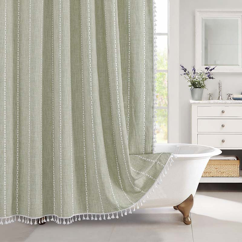 Rideau de Douche en Lin Tissé Imperméable avec Franges Bohème 180×200 cm Salle de Bains Beige à Carreaux | Koossa