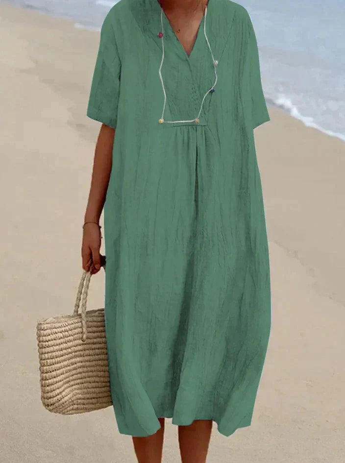 Women's V-Neck Summer Midi Dress with Pockets — Elegant A-Line Dress for Warm Weather & Outdoor Events | Koossa
