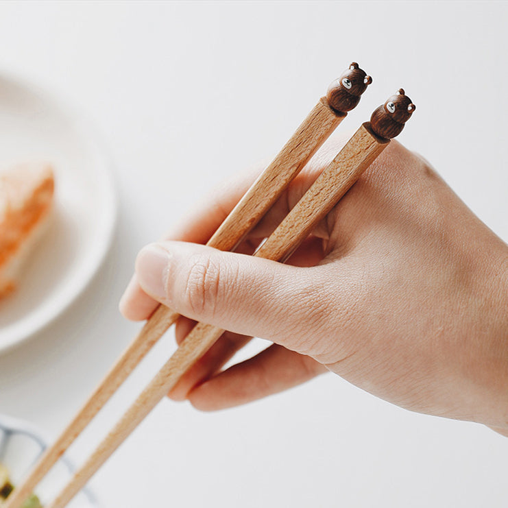 Kids Training Chopsticks with Animal Toppers, Wooden Easy-Grip Learning Utensils for Toddlers, Shiba Inu, Bunny, Bear, Kitten | Lonoma