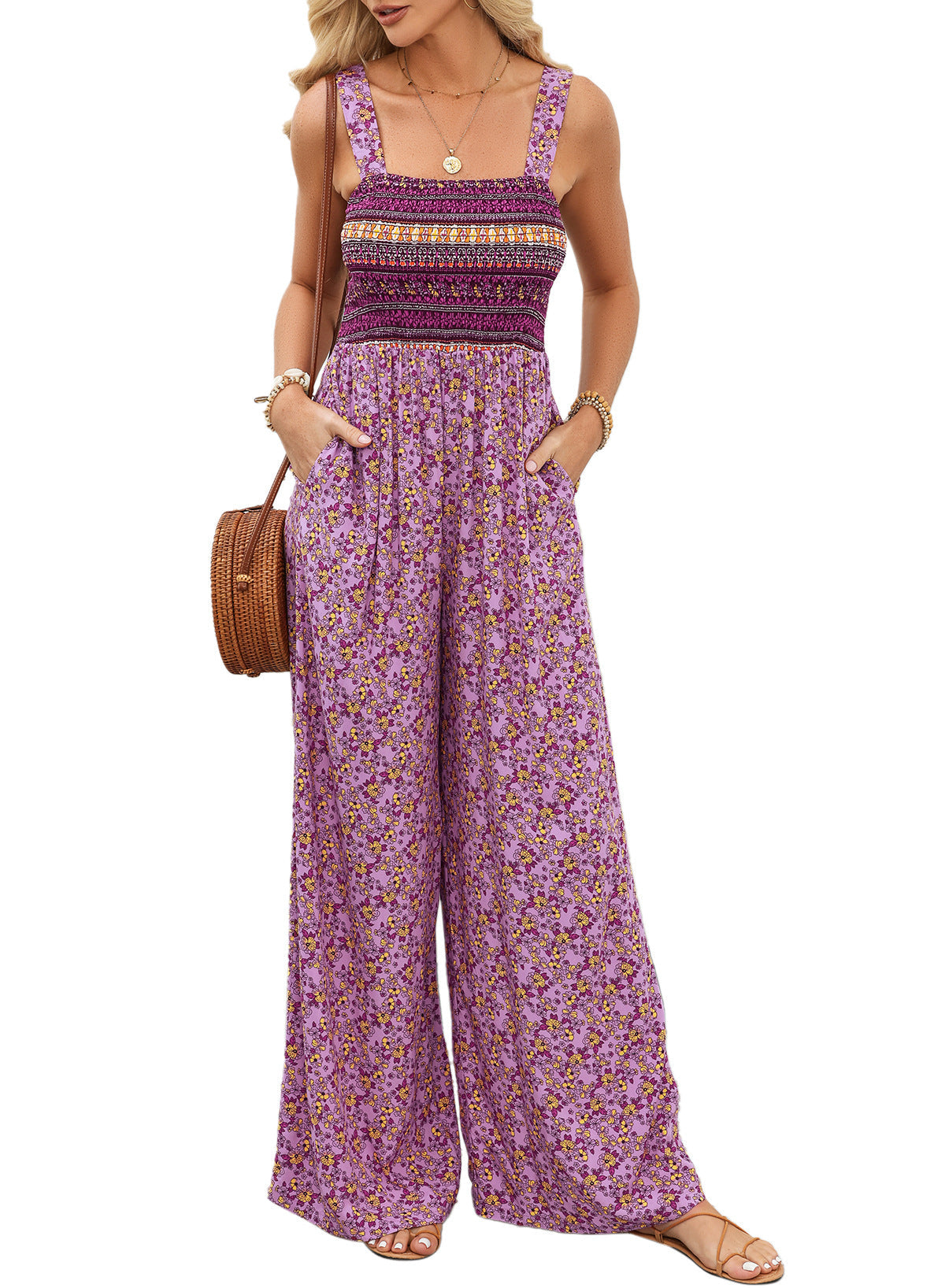 Women's Wide-Leg Floral Jumpsuit in Flowing Silhouette for Garden Parties and Spring Gatherings | Koossa