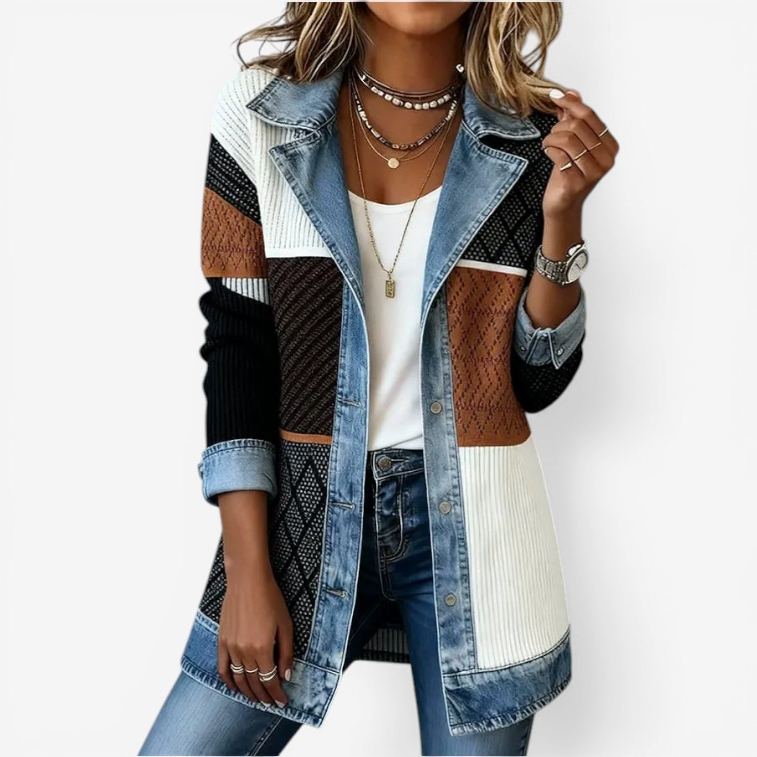 Women's Textured Layered Jacket in Mixed Knit and Denim-Style Fabric – Relaxed Fit Open Front Cardigan for Effortless Everyday Elegance and Modern Casual Styling | Koossa