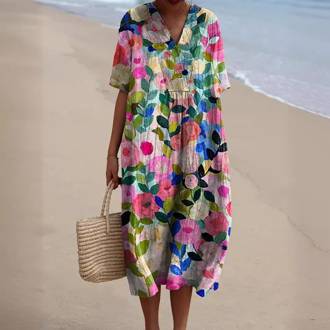Women's Floral V-Neck Summer Dress — Colourful Midi Dress for Garden Parties & Holiday Occasions | Koossa