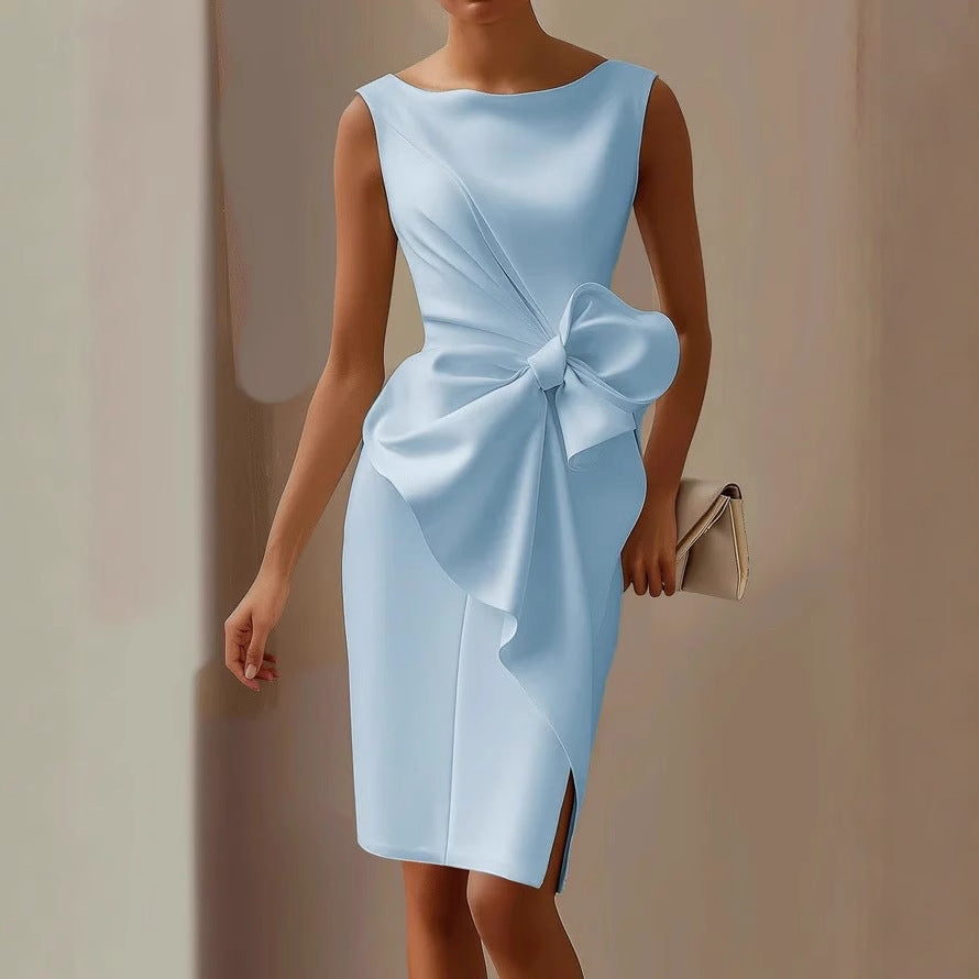 Women's Sleeveless Dress with Sculptural Bow Waist Detail in Pink, White, Blue, Red and Black – Elegant Formal Occasion Dress with Tailored Fit and Draped Silhouette | Koossa