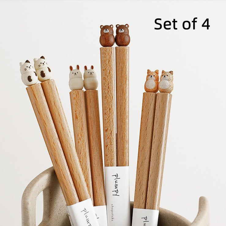 Kids Training Chopsticks with Animal Toppers, Wooden Easy-Grip Learning Utensils for Toddlers, Shiba Inu, Bunny, Bear, Kitten | Lonoma