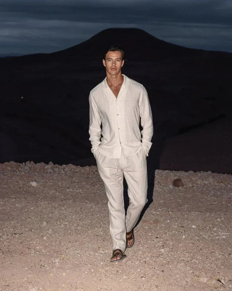 Linen-Blend Shirt and Trousers Co-ord Set in Beige for Smart-Casual Occasions | Koossa
