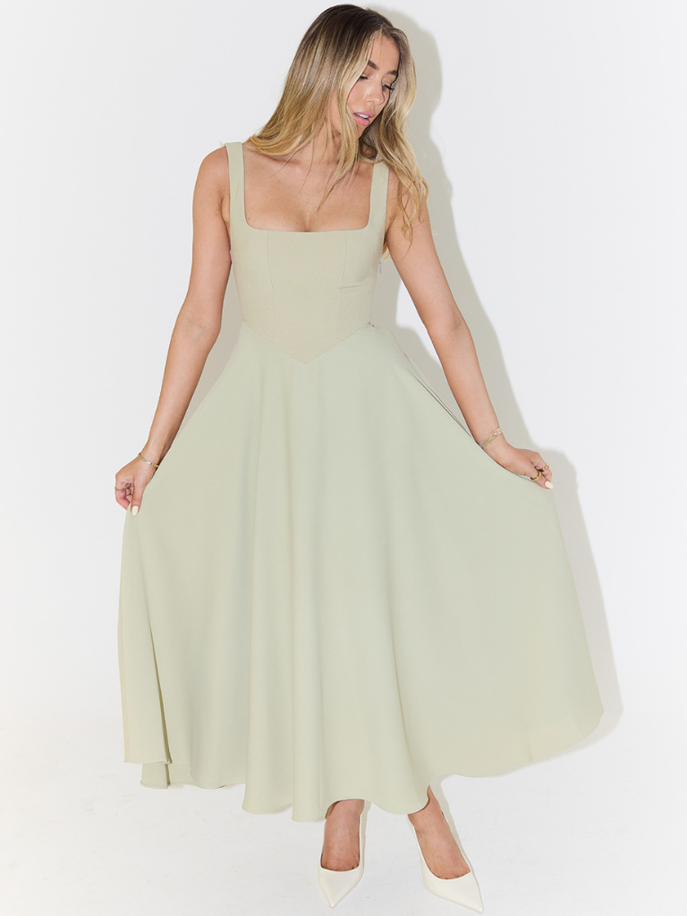 Women's Tailored Midi Dress with Square Neckline — Elegant Summer Wedding Guest Dress & Garden Party Outfit | Koossa