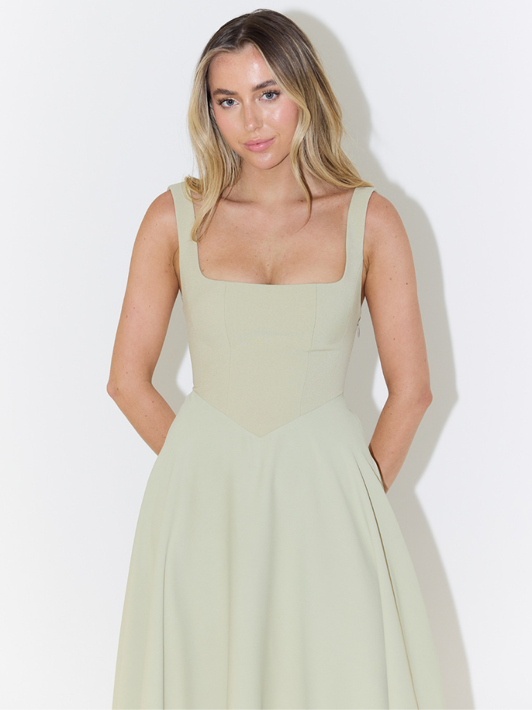 Women's Tailored Midi Dress with Square Neckline — Elegant Summer Wedding Guest Dress & Garden Party Outfit | Koossa
