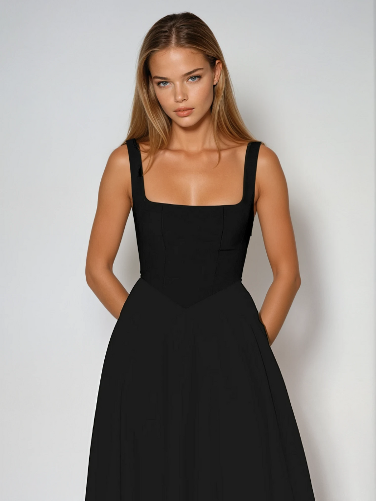 Women's Tailored Midi Dress with Square Neckline — Elegant Summer Wedding Guest Dress & Garden Party Outfit | Koossa