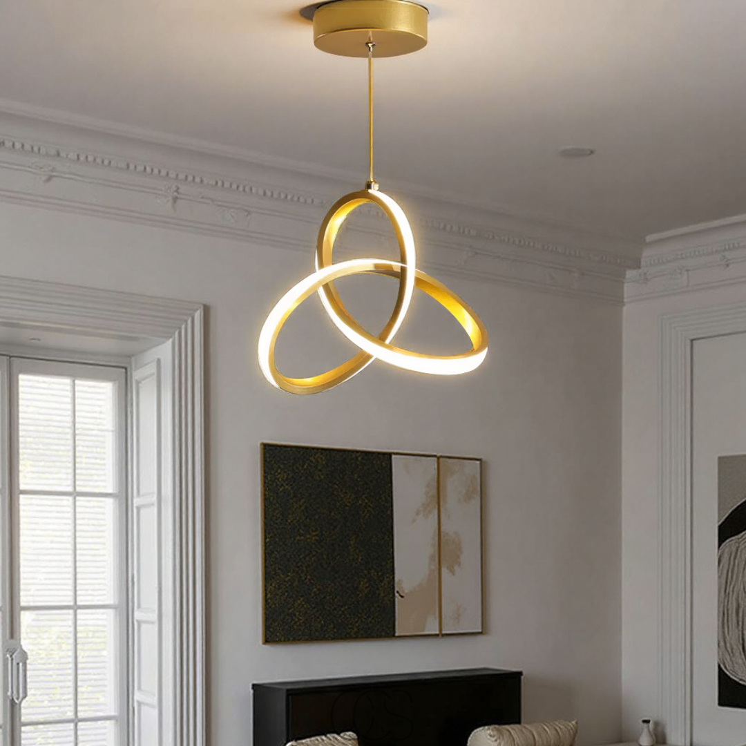 Suspension LED géométrique en aluminium doré 25 cm avec réglage tricolore pour salle à manger et cuisine | Koossa