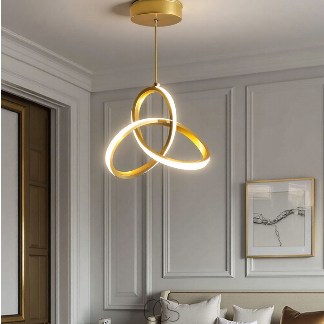 Suspension LED géométrique en aluminium doré 25 cm avec réglage tricolore pour salle à manger et cuisine | Koossa
