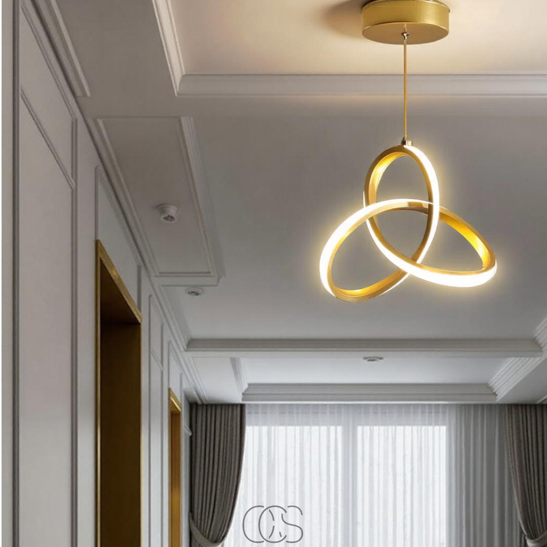 Suspension LED géométrique en aluminium doré 25 cm avec réglage tricolore pour salle à manger et cuisine | Koossa
