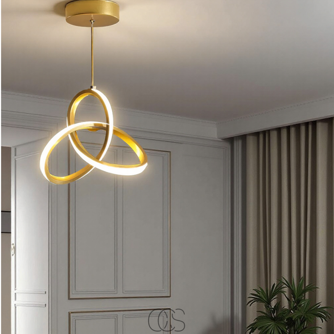 Suspension LED géométrique en aluminium doré 25 cm avec réglage tricolore pour salle à manger et cuisine | Koossa
