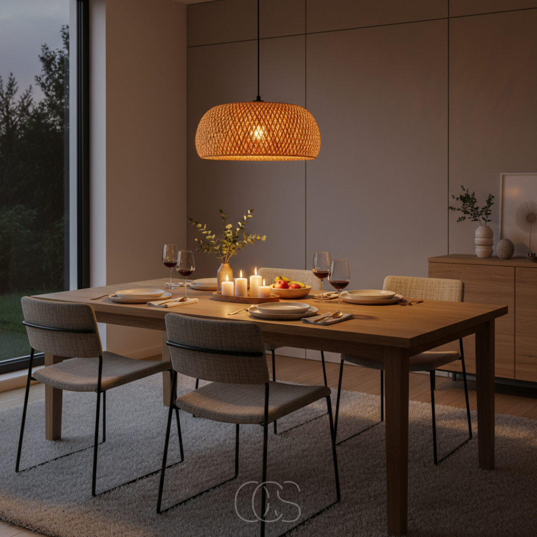 Suspension ovale en bambou tressé à la main avec jeu de lumière naturelle pour salon et salle à manger | Koossa