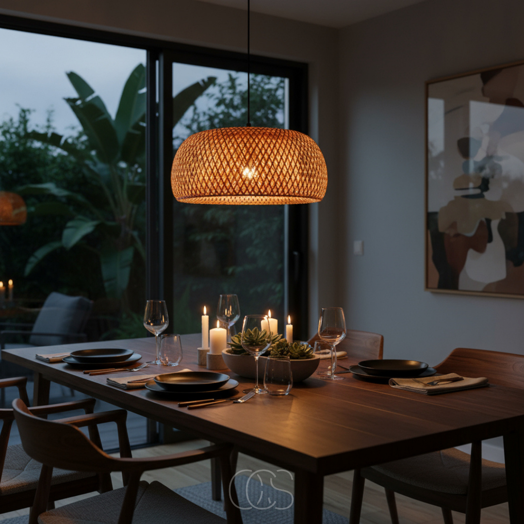 Suspension ovale en bambou tressé à la main avec jeu de lumière naturelle pour salon et salle à manger | Koossa