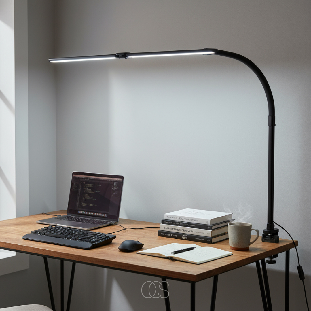 Lampe de bureau LED à pince articulée avec variateur tactile 3 températures de lumière réglables pour travail | Koossa