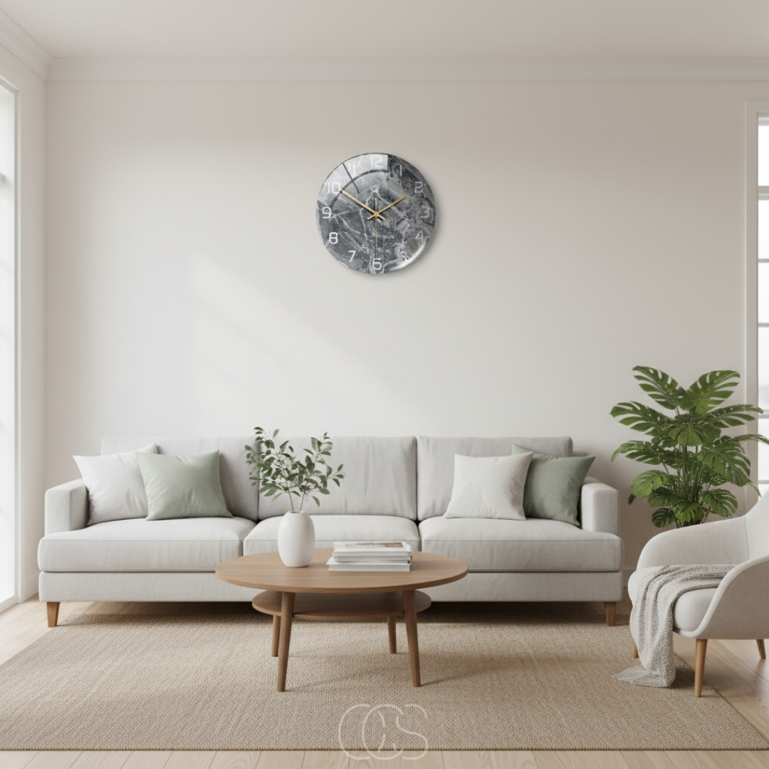 Horloge murale silencieuse effet marbre blanc 30 cm design chic minimaliste moderne pour salon chambre bureau | Koossa