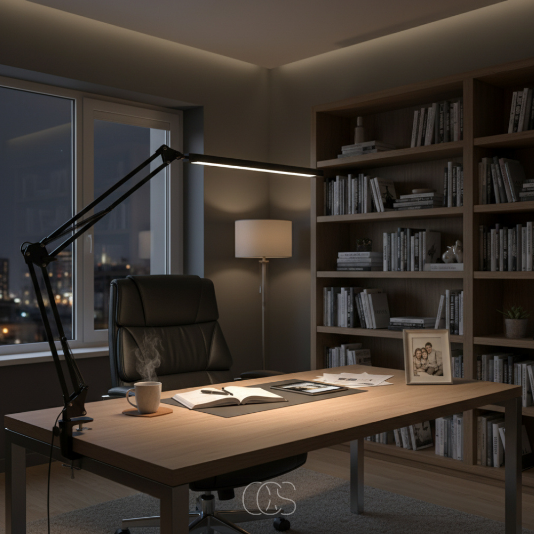 Lampe de bureau LED flexible à pince 360° dimmable métal noir design ergonomique lumière douce lecture | Koossa