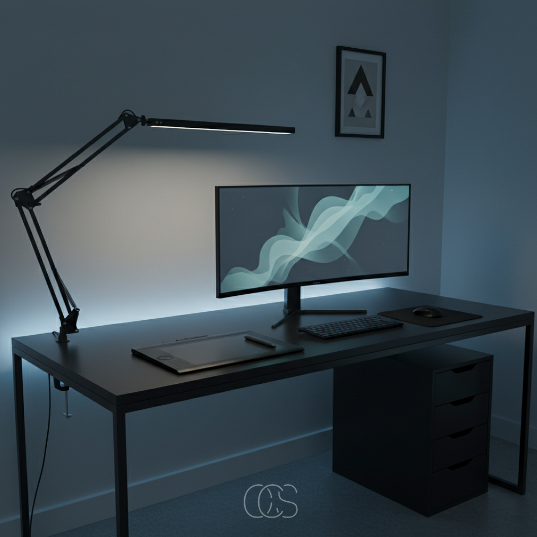 Lampe de bureau LED flexible à pince 360° dimmable métal noir design ergonomique lumière douce lecture | Koossa