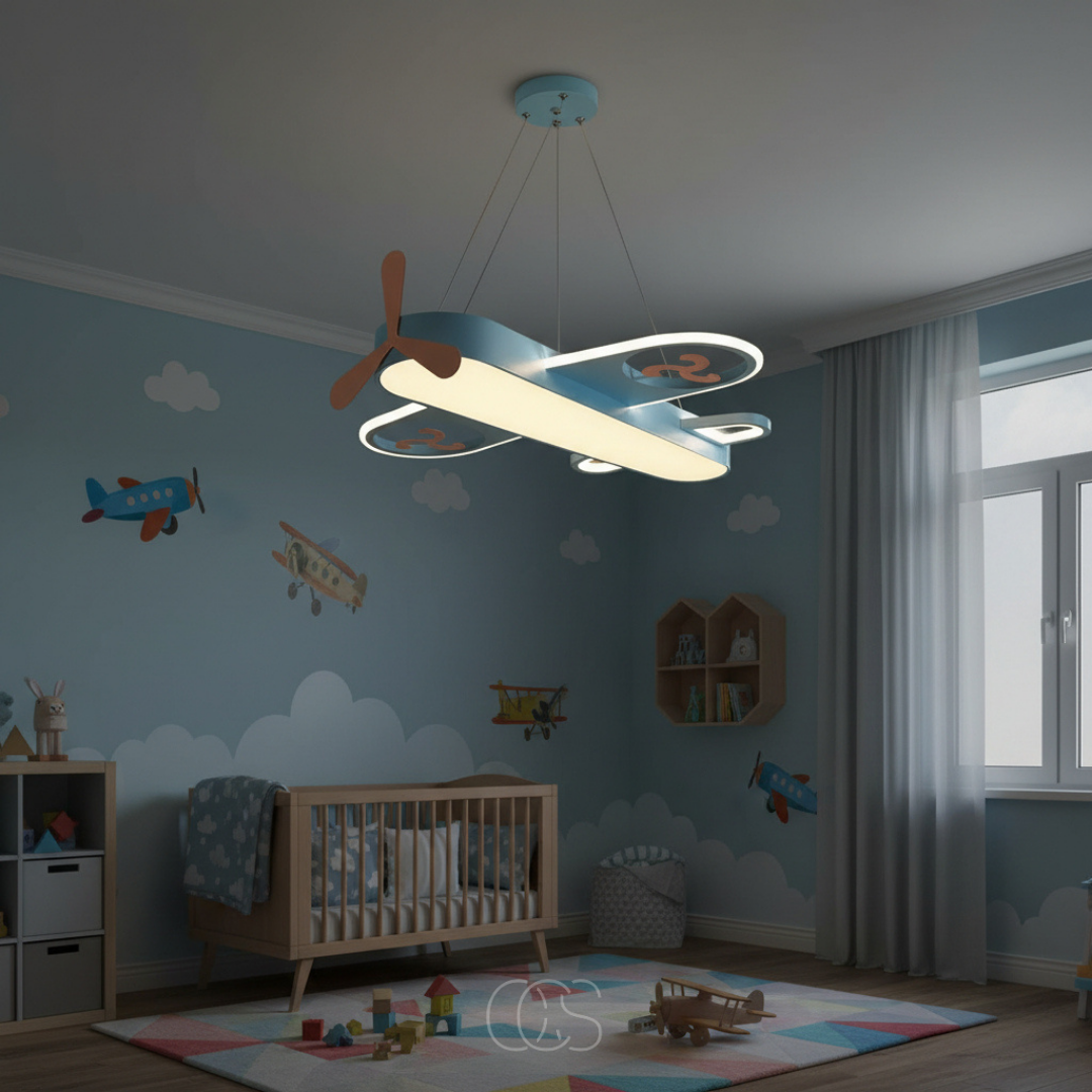 Suspension avion LED dimmable pour chambre d'enfant en fer et acrylique coloré 55 cm luminaire ludique déco | Koossa