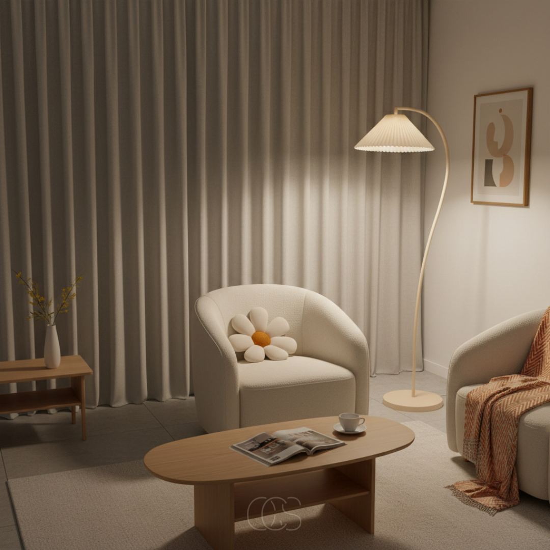 Lampadaire arc textile plissé beige 152 cm salon lecture E27 ambiance chaleureuse élégante fauteuil chambre | Koossa