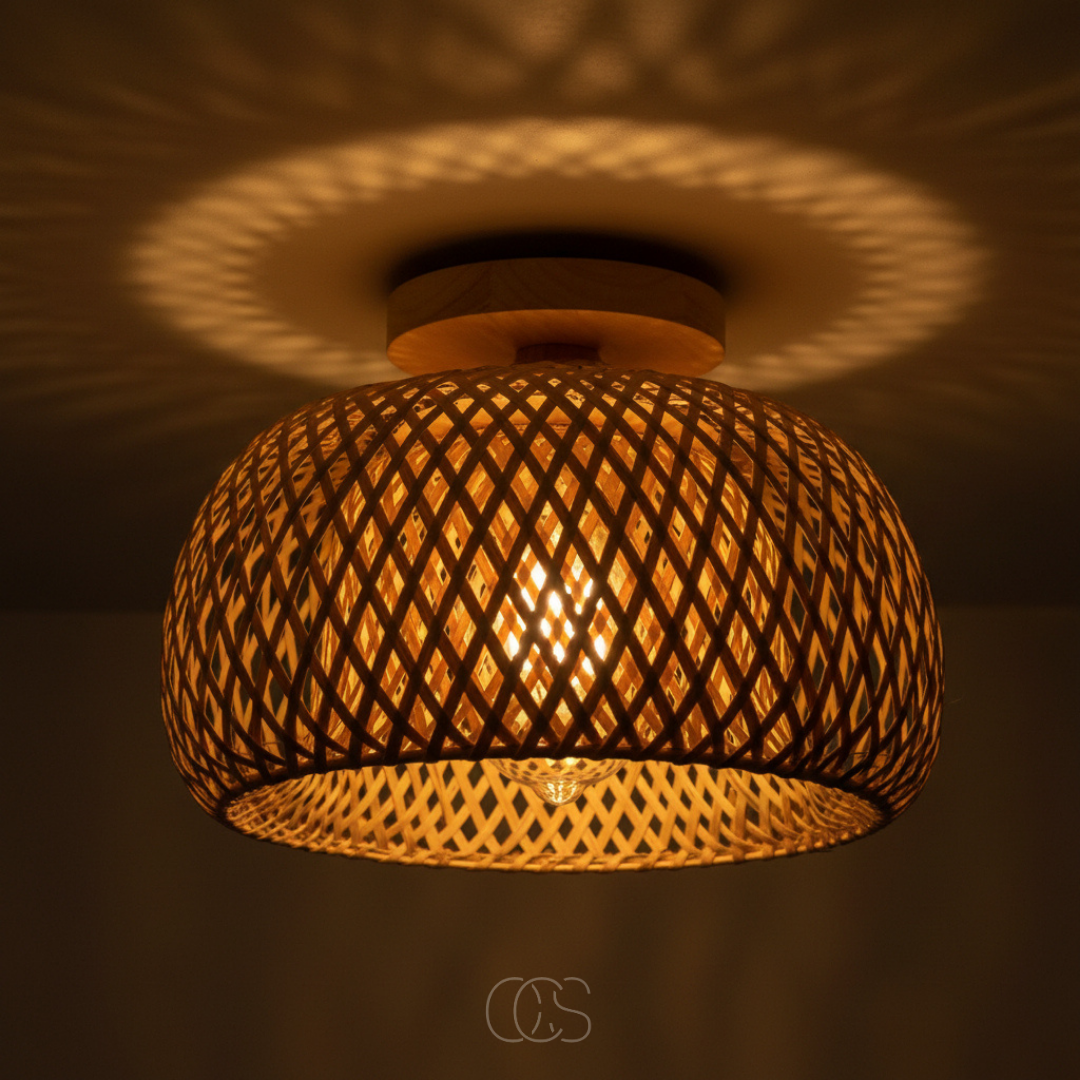 Plafonnier en rotin tressé naturel Ø 30 cm pour hall chambre salon cuisine ambiance chaleureuse artisanale | Koossa