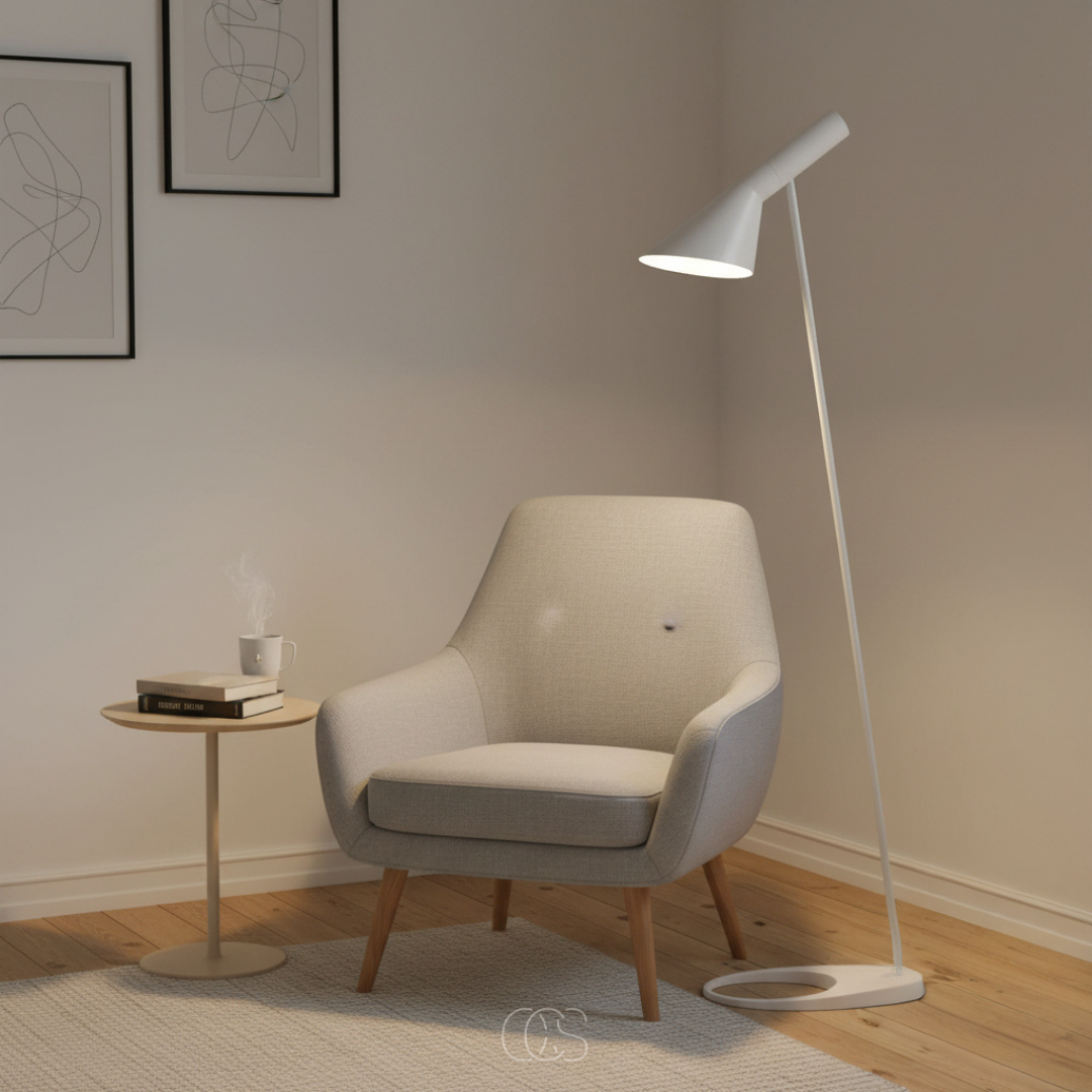 Lampadaire inclinable scandinave en métal avec abat-jour orientable idéal pour lecture salon et ambiance cosy | Koossa